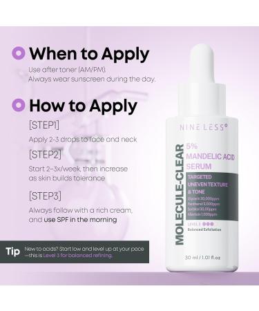 NINELESS Molecule-Clear 5% Mandelic Acid Serum - Korean Skincare Gentle AHA Exfoliating for Sensitive Skin - Panthenol Allantoin Sodium Hyaluronate - Hydrating Soothing Barrier Support 1.01 fl oz 03 Mandelic Acid (Bala  - Buy Online on GoSupps.com
