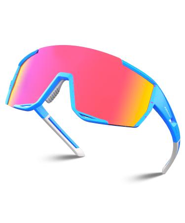 HAAYOT Cycling Glasses Polarized Baseball Sunglasses for Men Women 1 or 5 Lenses Sport Sunglasses for Fishing Driving Running Dots Ice Blue Frame & Pink Lens
