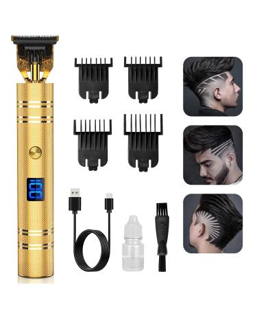 Hair Trimmer, Qhou Newest T-Blade Outline Trimmer for Men, Electric Pro Li Cordless Trimmer Zero Gapped Detail Liners for Men Barbershop Beard Shaver Rechargeable Hair Clippers with LED Display-Gold