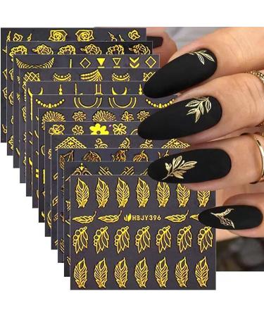 Gold Flowers Nail Stickers Decals 3D Gold Line Nail Supplies Golden Lace Leaf Self-Adhesive Nail Art Decoration Flower Line Acrylic Nail Designs DIY Manicure Decoration for Women Girls