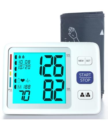 Blood Pressure Monitor Upper Arm Automatic Digital BP Monitor Adjustable Large Cuff Backlit Display 2x500 Memory Includes Batteries Monitoring Meter for Home Use 2 White