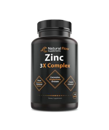 Zinc Supplement Complex with Copper and Vitamin C - Natural Flow 3X Zinc Carnosine Bisglycinate Chelate and Orotate Chelated Zinc Copper Easy on The Stomach Skin and Immune Support 120 Capsules