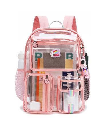LISINUO Clear Backpack Girl Transparene Backpacks See Through Book Bag for Women Heavy Duty Pvc Mesh Bag Cute Girls Bookbags (Pink)
