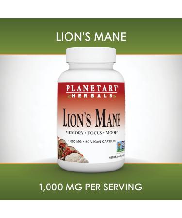 Planetary Herbals Lion's Mane for Memory Focus and Mood* 1 000 mg - 60 Vegan Capsules 1 Count (Pack of 60) - Buy Online on GoSupps.com
