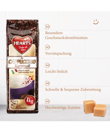 Hearts Cappuccino Caramel 5 x 1 kg instant coffee powder easily soluble pack of 5 approx. 400 cups - Buy Online on GoSupps.com