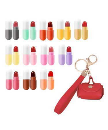 12 Pill Lipstick with 1 Cute Mini Red Leather Bag Key-Chain Pouch - Mini Lipstick Velvet Matte  Smooth and Moisturizing Pill Lipsticks  Long-Lasting  Portable and Charming Look All Day Long