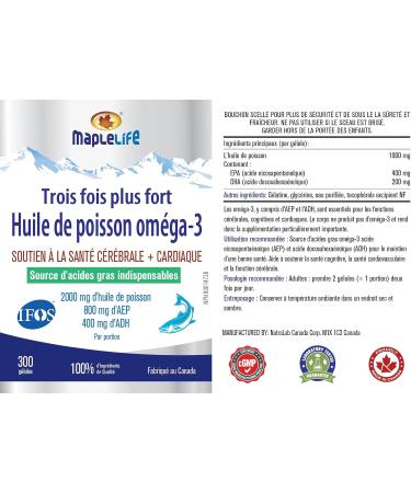 MapleLife - Triple-Strength - Omega-3 Fish Oil - Brain + Heart Health - Essential Fatty Acids - DHA EPA - Fish Oil Softgel 2000 Mg - 300 softgels - Buy Online on GoSupps.com