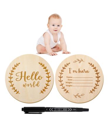 1Pcs Newborn Baby Announcement Sign Bulletin Board with Marker Round Wooden Baby Birth Sign Hello World Newborn Welcome Sign Photo Prop for Christmas Baby Shower Birthday Gift Keepsake