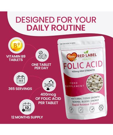 Red Label Health Folic Acid 400 mcg Tablets 180 Vitamin B9 Tablets (6 Months Supply) Folate Fertility Supplement for Women Vegan Vegetarian Supports Maternal Tissue Growth Made in The UK 1 count (Pack of 180) - Buy Online on GoSupps.com