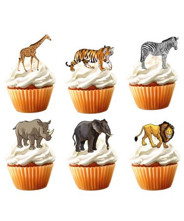 18pcs Safari Cupcake Toppers for Boys Girls Jungle Animal Safari Birthday Theme Paty Decorations Supplies Wild One Giraffe Tiger Lion Elephant Cake Decorations