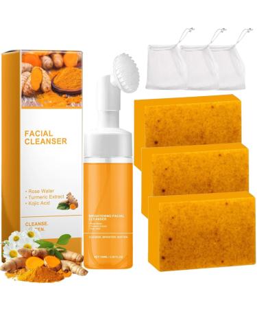 EIVJEC 4Pcs Turmeric Wash and Care Two Piece Set Tuemeric Facial Cleanser & Turmeric Soap Combo Face & Body Cleanser Deep Cleansing Bring a Bubble Net