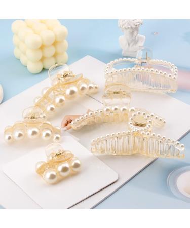BAHABY Pearl Hair Clips for Women Large Hair Clips for Thick Hair 6 Pack Styling Hair Claw Clips Strong Hold Non-slip Claw Clips Hair Accessories Nice Gift Choice for Friends Family(Champagne)