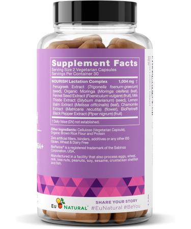 Eu Natural Nourish Lactation Supplement - Postpartum Support for Healthy Milk Flow & Production - Fenugreek Capsules for Women with Milk Thistle, Fennel Seed & Moringa, 60 Vegan Soft Capsules - Buy Online on GoSupps.com