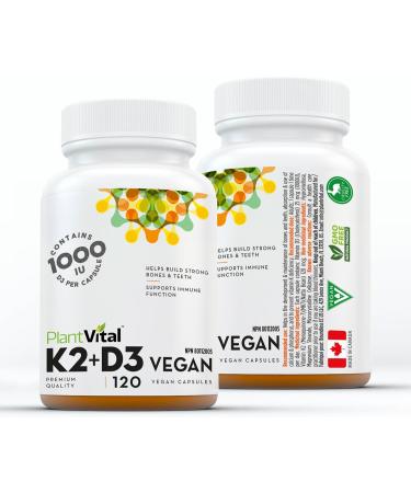 PlantVital High-Potency Vegan Vitamin D3 + K2 - (1000IU /25 mcg + 120 mcg) for Bones Teeth Good Health and Immune System - Patented MK7 Form - K2 D3 vitamin - 4 Months Supply - 120 Capsules. 120 count (Pack of 1) - Buy Online on GoSupps.com