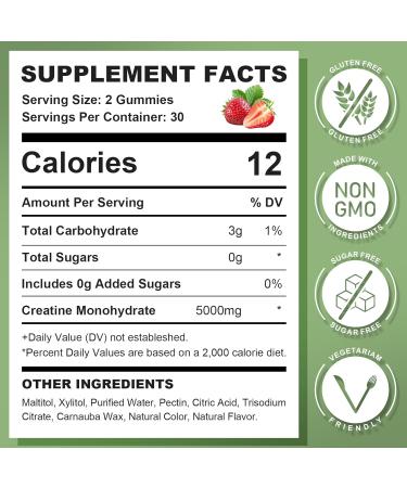 Buy Sugar-Free Creatine Monohydrate Gummies - Vegan Muscle Builder & Energy Boost - 60 Count Strawberry Chewables for Men & Women - Buy Online on GoSupps.com