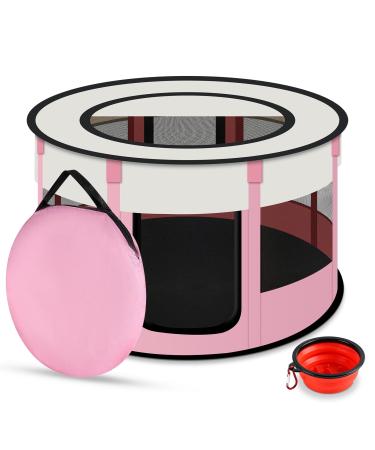 Portable Pet Playpen Foldable Kennels Playpen with Free Carrying Case + Free Travel Bowl, Great for for Larges Dogs Small Puppies/Cats | Indoor/Outdoor Use Pink