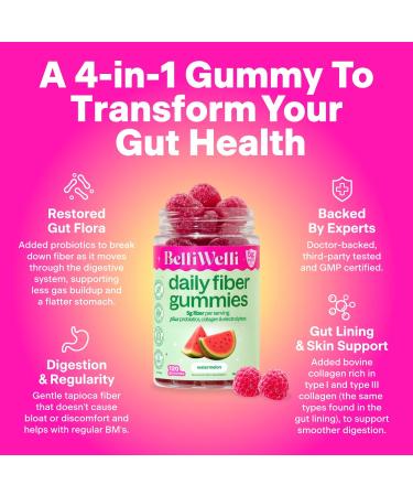 Belli Welli Fiber Gummies Supplement with Added Probiotics Collagen and Electrolytes for Regularity and Bloat Relief Watermelon 120 Count - Buy Online on GoSupps.com