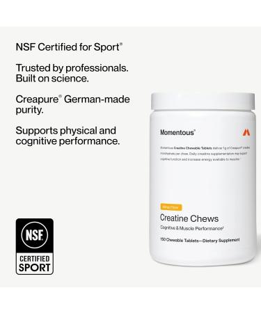 Momentous Creatine Chews - Creapure Creatine Monohydrate - Supports Strength, Lean Muscle, & Recovery for Men & Women - NSF Certified for Sport - 150 Chewable Tablets - Mango - Buy Online on GoSupps.com