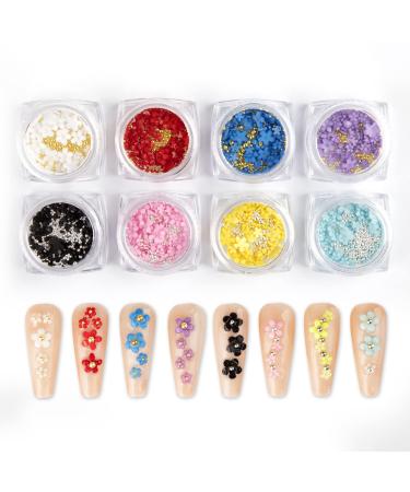 Spearlcable 8 Boxes 3D Flowers Nail Charms,8 Colors Acrylic Flowers Mix-Size Nail Art Decals Gold Silver Caviar Beads Nail Accessories for Acrylic Nails (A)