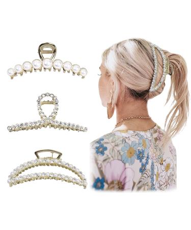 DEEKA 3 Pcs Large Metal Pearl Hair Claw Clips Rhinestone Gold Metal Hair Clips Thick Long Hair Jaw Clips Hair Accessories for Women and Girls - Buy Online on GoSupps.com