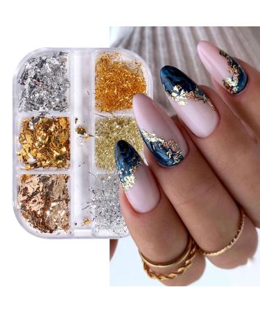 Eseres Nail Foil 3D Sparking Gold Flakes for Nails 6 Grids Metallic Nail Glitter for Nail Art Design Gold&Silver