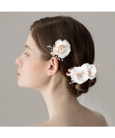 2 Pcs Flower Hair Clips Summer Beach Wedding Hair Comb White Elegant Bridal Hair Pins Floral Birthday Girl Graduation Party Hair Piece  Metal Rose Gold Leaf Silk Flowers