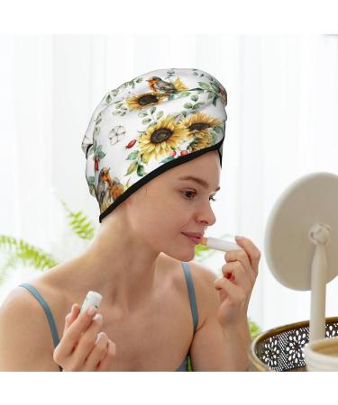 Hair Towel Wrap - Quick Drying Turban with Button | Sunflower Leaves & Birds Design - Buy Online on GoSupps.com