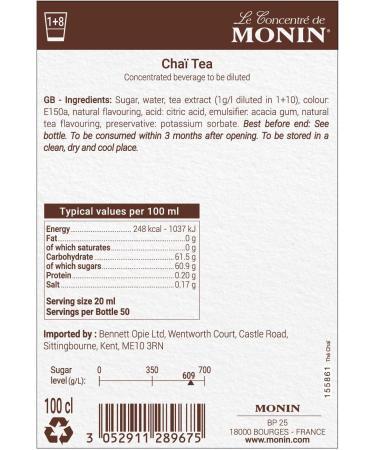 MONIN Premium Chai Tea Syrup 1L for Chai and Cocktails. Vegan-Friendly Allergen-Free 100 Percent Natural Flavours and Colourings - Buy Online on GoSupps.com
