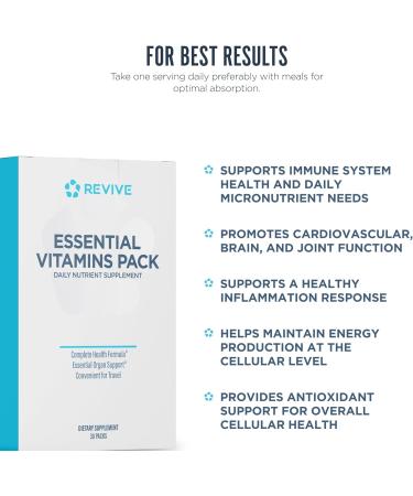 Revive MD Essential Vitamin Packs for Men & Women Daily Multivitamin Packets with Arjuna & Turmeric Extract Supports Heart Joint & Organ Health Travel-Friendly Vitamin Supplement (30 Servings) - Buy Online on GoSupps.com