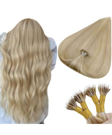 Hetto Blonde Nano Hair Extensions Real Human Hair Nano Beads Hair Extensions #17/23 Natural Blonde Highlight Light Blonde Nano Ring Hair Extensions Human Hair 14 Inch 50g 50s