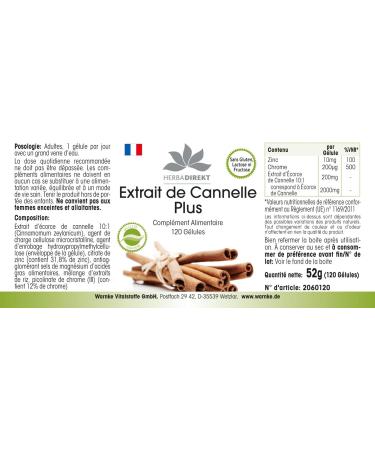 Cinnamon Extract - with 200 g Chromium and 10mg Zinc per Capsule - High Concentration - 120 Capsules | herba direkt - German Pharmacy Quality - Buy Online on GoSupps.com