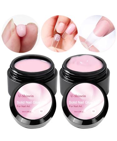 U-Shinein 2x10ml Solid Nail Glue Gel, Pink Nail Glue Gel for Press on Nails Acrylic Nails Tips Glue Gel Solid Gel Polish Nail Art Glue Gel, Need UV/LED Longer Cure
