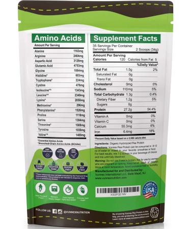 Organic Hydrolyzed Pea Protein Powder - 100% Pure Vegan Natural Unflavored - Non-GMO, Dairy/Soy/Gluten/Sugar Free - Canada Grown Yellow Pea with BCAAs - 2.62lb - Buy Online on GoSupps.com