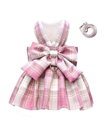 Tikwek Dog Clothes for Small Dogs Girl, Plaid Dog Dress Bow Tie Harness Leash Set, Puppy Cute Bow Skirt, Pet Outfits with Leash Ring,XS M Pet Skirt(Pink,M) Pink Medium