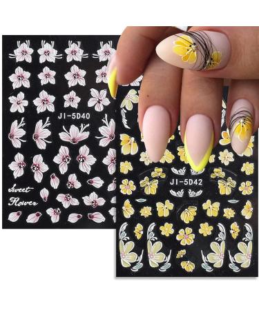 Baoximong 5D Embossed Spring Nail Decals - Self-Adhesive Yellow Pink White Kapok Camellia Design for Women - Buy Online on GoSupps.com