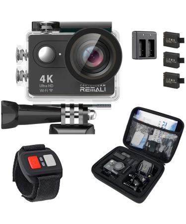 REMALI CaptureCam 4K Ultra HD and 12MP Waterproof Sports Action Camera Kit with Carrying Case, 3 Batteries, Dual Battery Charger, 2 LCD Screen, WiFi, Remote Control, and 21 Mounts and Accessories