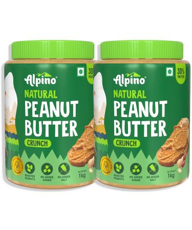ALPI NO Natural Peanut Butter Crunch 2kg - 100% Roasted Peanuts - 30g Protein No Added Sugar & Salt Gluten Free Vegan Plant Based Unsweetened Peanut Butter Crunchy - 1kg Pack of 2