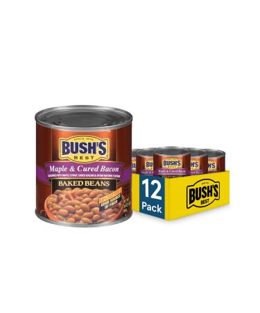 BUSH'S BEST Canned Maple Cured Bacon Baked Beans (Pack of 12) Source of Protein and Fiber, Low Fat, Gluten Free, 16 oz