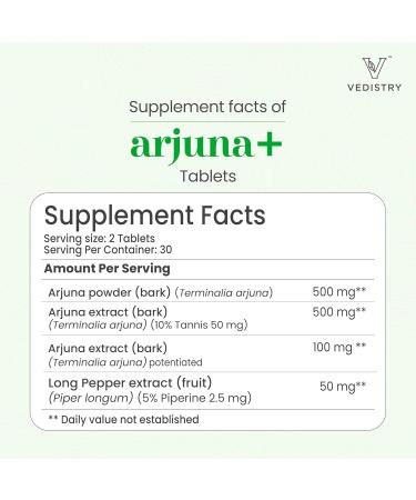 Vedistry Arjuna Bark Extract Supplement | 1100mg Arjuna Tablets with Long Pepper for Heart Health & Blood Pressure Support | Organic & Vegan Herbal Cardiovascular Supplement | 60 Arjuna Tablets - Buy Online on GoSupps.com