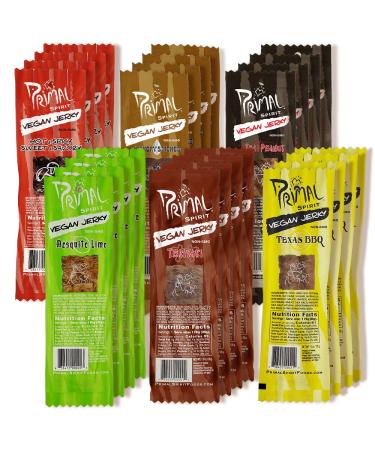 Primal Spirit Vegan Jerky - Our Sampler Pack, 10g. Plant Based Protein, Certified Non-GMO ("The Classics" Thai Peanut, Mesquite Lime, Teriyaki, Hot & Spicy, Hickory Smoked, & Texas BBQ, 24-Pack, 1 oz) 1 Ounce (Pack of 24)