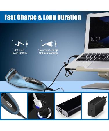 Men's Electric Shaver FlySpur 3D Rechargeable Waterproof Rotary Razor with Pop-up Trimmer - Blue - Buy Online on GoSupps.com