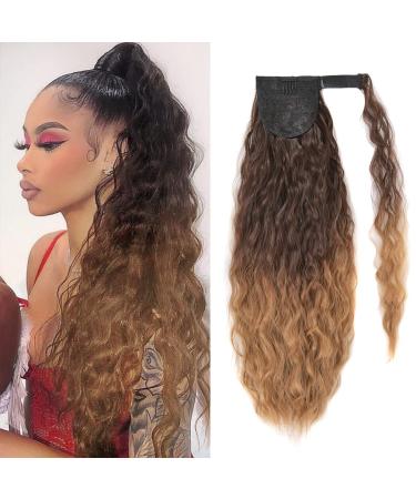 Corn Wave Ponytail Extension Clip in - 22 Inch Long Wavy Curly Wrap Around Pony Tail Heat Resistant Synthetic Hairpiece for Women (Brown to Blonde #6T27) 22 Inch (Pack of 1) Brown To Blonde #6T27