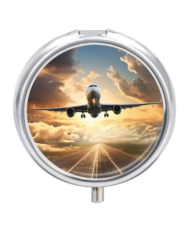 Round Pill Box Airplane Print 3 Compartment Medicine Pill Case Print Pill Organizer Decorative Metal Portable Pill Box Pocket Pill Box Style