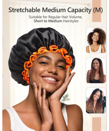 Mikimini Black Shower Hoods 2-Pack | Double-Layer Waterproof Bathing Hair Cap | Soft & Comfortable PEVA | Cute Stretchy Medium Size Black & Orange - Buy Online on GoSupps.com