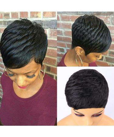 VRVogue Short Human Hair Pixie Cut Wigs for Black Women - Layered Short Black Wavy Style (1B) - Buy Online on GoSupps.com