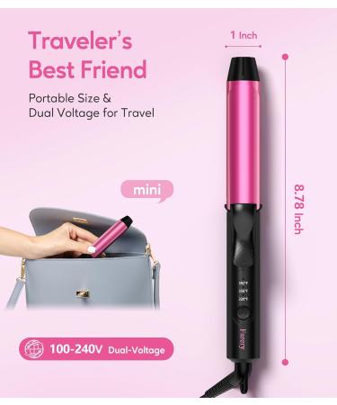 Dual Voltage Travel Ceramic Curling Iron - 1 Inch Mini Size Adjustable Temperature Keratin & Argan Oil - Perfect for Short Hair Includes Storage Bag Hot Pink - Buy Online on GoSupps.com