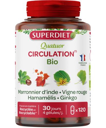 SUPERDIET - ORGANIC CIRCULATION QUARTET - Horse chestnut red vine witch hazel Ginkgo -Phytotherapy - Made in France - 120 capsules
