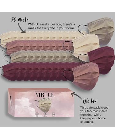 Virtue Code Earth Tones Disposable Face Mask Pack - 50 Cute Masks for Men and Women in Cream, Pink, Burgundy, and Beige Colors - Buy Online on GoSupps.com
