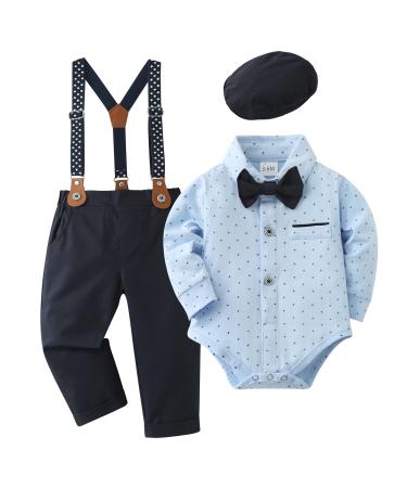 SANMIO Baby Boy Clothes 4pcs Gentlemen Romper Outfits + Suspender Pants + Beret Hat + Bowtie Wedding Christening Formal Suit 3-24 Months 3-6 Months Blue