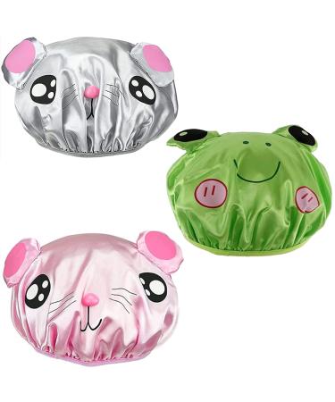 Bath Reusable Shower Caps Designed for Baby  Kids  Children Long/Thick Hair  Cute  Waterproof  Cartoon Animal  Double Layer Bathing Hat for Boys  Girls  Women(Pink Mouse  Gray Mouse  Green Smile Frog) Pink Mouse/Gray Mou...